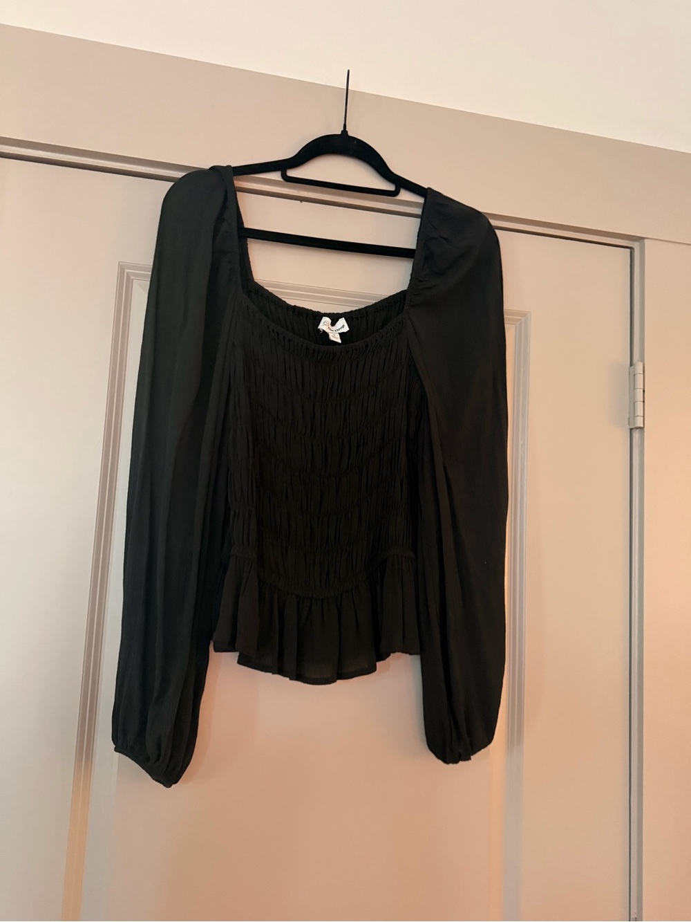 Smocked Black Square-Neck Blouse with Peplum Hem